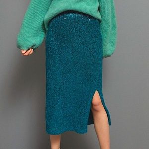Anthro Maeve Sequin Skirt Mermaid Turquoise XS Winter Teal sequins patina blue